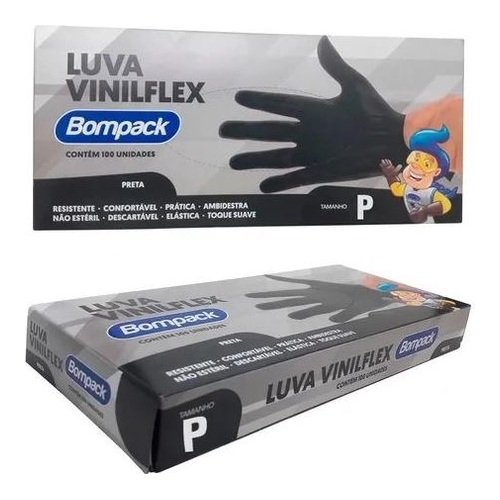 LUVA VINILFLEX BOMPACK S/PO PRETA P C/100