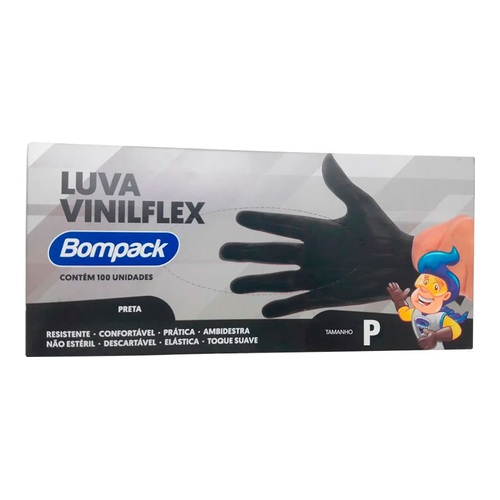 LUVA VINILFLEX BOMPACK S/PO PRETA P C/100